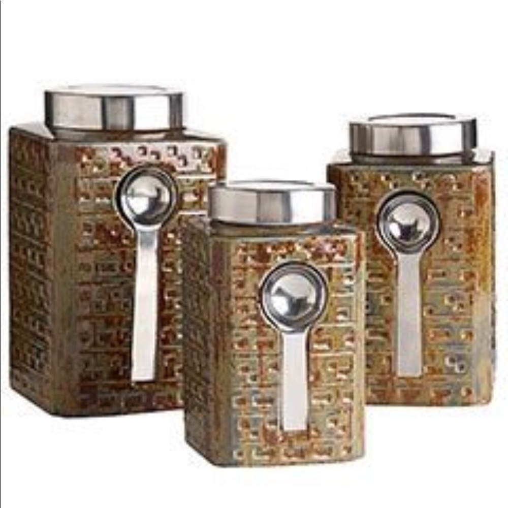 Vintage Pier One Set of 3 Brown Stoneware Canisters Set MCM Reactive Glaze 3…